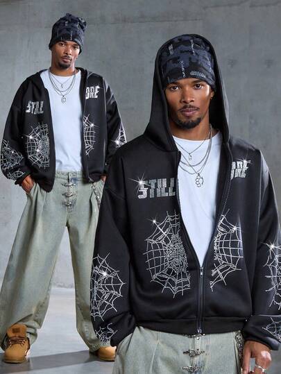 Street Life Sudadera con capucha casual con cremallera y diseño de telaraña de hombros caídos para hombre