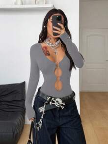 Coolane Women's Spring/Summer Streetwear Rave Outfit Music Festival Y2K Gyaru Cut Out Stretchy Grommet Eyelet Long Sleeve  Grey Jumpsuits