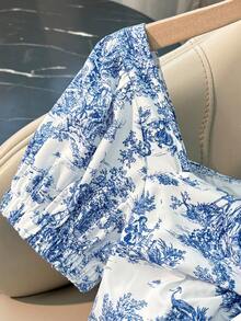 GlowEve Women's Summer Chiffon Printed Square Collar Tie Bow Bubble Sleeve A-Line Waist Slimming Fashionable Elegant Sweet Blouse, Random Print - Blue and White - View 4