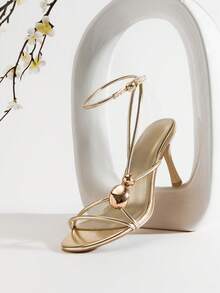 SHUZIA Women's Elegant Round Toe Metal Ornamentation Ankle Strap Stiletto Heeled Sandals - Gold - View 4