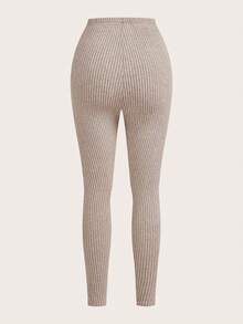 SHEIN PETITE Women's Solid Color Ribbed High Waist Skinny Pants - Brown - View 4