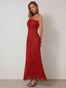 COSMINA 女士优雅收腰蕾丝拼接连衣裙，夏季连衣裙，适合派对、活动、婚礼等场合，红色正式礼服，红色抹胸连衣裙，红色蕾丝连衣裙，红色婚礼宾客礼服，情人节 - 紅色 - 查看 5