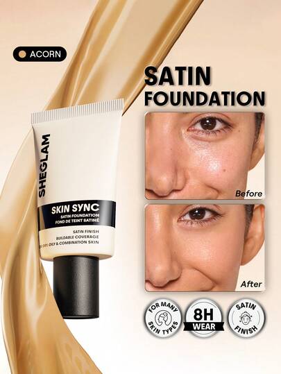 SHEGLAM Skin Sync Satin Foundation-Acorn Brand Beauty Makeup Face Paint Cosmetic For Women Girls Perfect For Winter Ideal For Y2K Fancy Fashion Suitable For Birthday Gift Party Ready Best Color