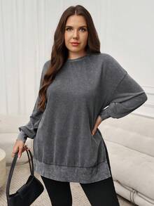 SHEIN LUNE 加大码纯色圆领休闲百搭长袖运动衫感恩节女装新年女装冬季女装狂欢