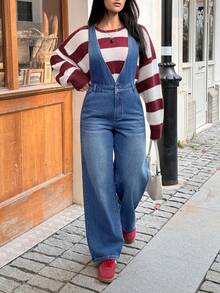 SHEIN EZwear Women's Fashionable Casual Washed Denim Bib Pants - Medium Wash - View 1