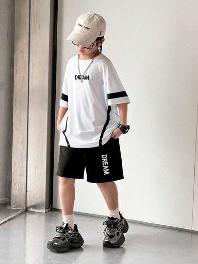 Mirajuku Boys' Classic Letter Print Round Neck T-Shirt And Casual Comfortable Pants Set, Black & White Color, Fashionable Outdoor Sports Style, Spring/Summer
