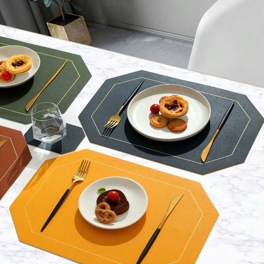 2片/4片/6片装双面金色边框餐垫,人造革材质,可擦拭清洗,适用于餐厅、露台、室内外用餐,耐热易清洁。 - 彩色 - 查看 1