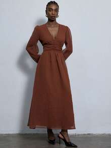 Aveloria Modichic Fashionable Design Elegant Versatile Casual Deep V-Neck Cinched Waist Solid Color Long Sleeve Dress - Brown - View 4