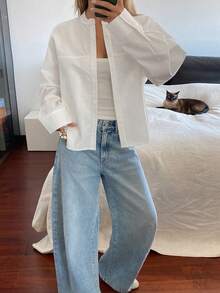 DAZY 女士宽松立领长袖优雅正式衬衫，春秋季 - 白色 - 查看 3