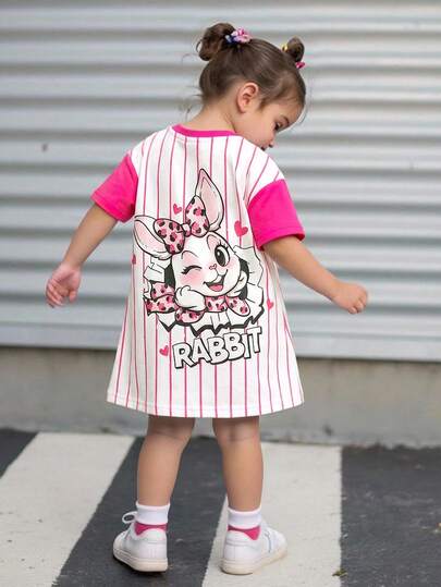 Baby Girl Casual Comfortable Cute Cartoon Animal Print Striped Patchwork Short Sleeve Dress