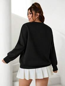 SHEIN EZwear 大码宽松圆领落肩长袖铆钉休闲套头卫衣，秋冬女装 - 黑色 - 查看 2