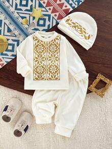 SHEIN 2pcs Newborn Baby Boys Print Long Sleeve T-Shirt+Elastic Waist Pants Casual Retro Outfit Set,White,Winter,Cute,Family Matching Muslim Arab Clothes - Apricot - View 8