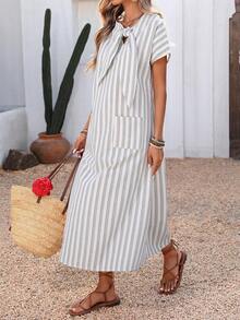 SHEIN Holidaya Breezaya Women's Casual Vacation Loose Cotton Striped Dress - Multicolor - View 3