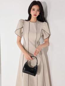 Heiryn Women's Elegant Commuter Contrast Trim Puff Sleeve Mini Dress - Apricot - View 1