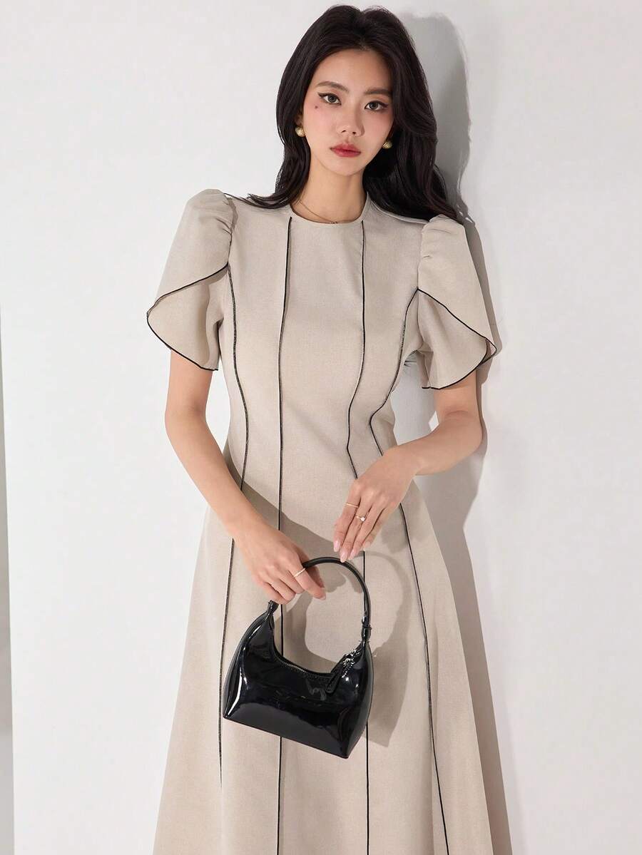 Heiryn Women's Elegant Commuter Contrast Trim Puff Sleeve Mini Dress - Apricot - View 1