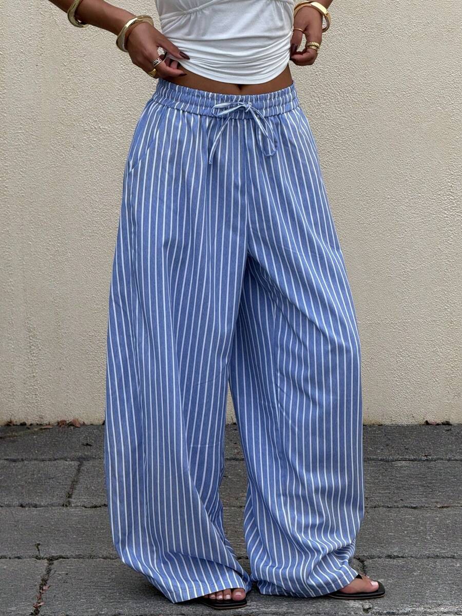 Muchica Women's Casual Striped Flared Leg Pants, Spring/Summer - Blue and White - View 1