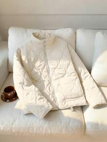 Comfortcana Abrigo acolchado de manga larga con cuello alto, bolsillos y estampado de diamantes en color marfil para mujer, ropa de invierno