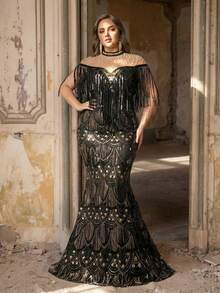 Glamrae Vestido de noche de fiesta de talla grande para mujer con cuello Mao, diseño con perlas falsas, lentejuelas y flecos