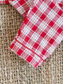 Young Girls Pajamas-2 Pieces Pajama Set Red White Plaid Peter Pan Collar Long Sleeve Button Front Top Matching Long Pants Sleepwear Nightwear Cozy Ruffle Empire Seam Festive Holiday Essential 2026 Four Season Charming Retro Family Gift Gingham Set Red Pajama Set Girls Red And Plaid Sets Red Pj Set - Red - View 9