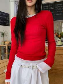 DAZY 女士扭结镂空长袖T恤，修身短款上衣 - 紅色 - 查看 4