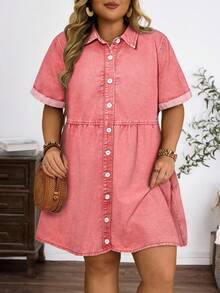 EMERY ROSE Vestido de mezclilla casual con botones delanteros para tallas grandes - Rosa - Ver 1