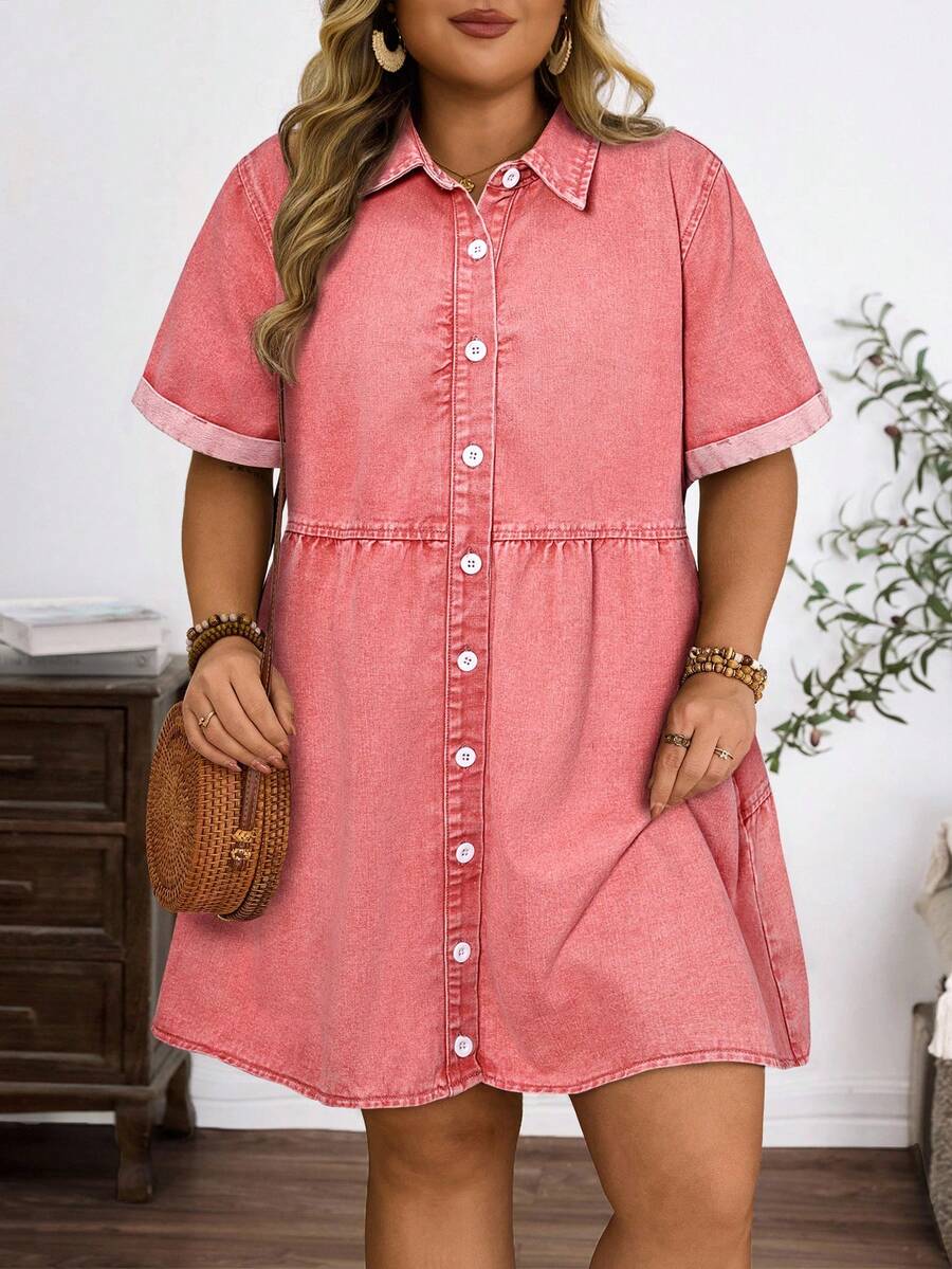 EMERY ROSE Vestido de mezclilla casual con botones delanteros para tallas grandes - Rosa - Ver 1