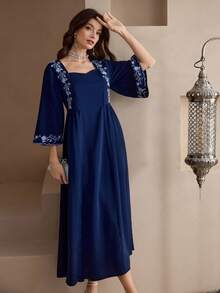 Yasmyna Đầm kiểu Ả Rập thêu hoa thanh lịch dành cho nữ - Màu xanh hải quân - Xem 5