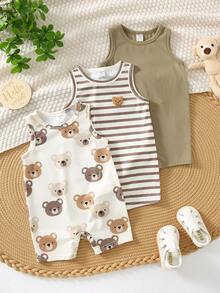 SHEIN 3pcs Newborn Baby Unisex Casual Cute Cartoon Bear Print Sleeveless Romper Set, Summer - Multicolor - View 2