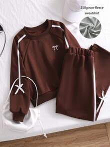 Girls Everyday Casual Brown Raglan Long Sleeve Hoodie And Sweatshirt Co-Ords With Ribbon Detail - Brown - View 8