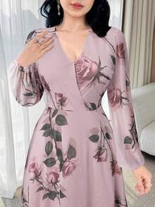 Nuevo vestido elegante y encantador de cintura ceñida de alta gama con flores de rosa para mujeres - Verde militar - Ver 11
