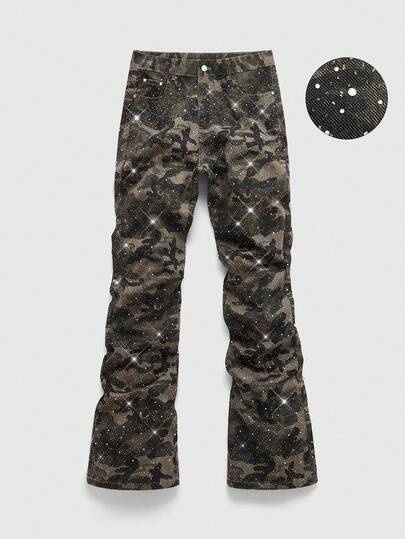 Street Life Herren Jeans mit funkelnden Diamanten, mehrschichtig, Tarnmuster