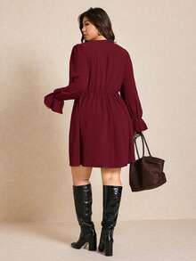 Elaquor Plus Size Elegant Commuter Solid Color Lace Patchwork Dress - Burgundy - View 5