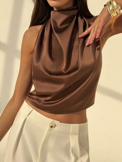 Aloruh Simple Commuter Brown Satin Plunging Neck Backless Tie Strap Women Tank Top