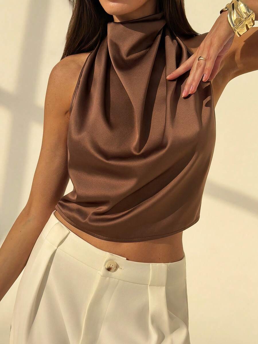 Aloruh Áo tank top nữ Simple Commuter màu nâu satin, cổ khoét sâu, hở lưng, buộc dây. - màu nâu - Xem 1
