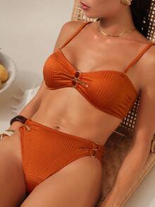 Swim Chiccia Women's Burnt Orange Textured Fabric Halter Tie Bikini Swimwear,Removable Adjustable Straps Elegant Summer Casual Beach Vacation Holiday Party - Rust Brown - View 5