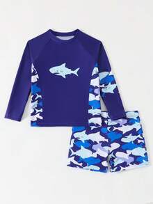 Boys Long Sleeve Rash Guard Set (4-7Y) Shark Print UPF 50+ Sun Protection Swim Trunks - Multicolor - View 7