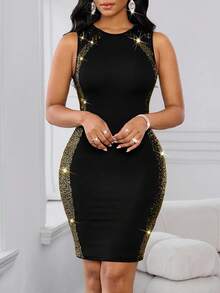 SHEIN Lady Đầm ôm sát không tay đính sequin, kiểu dáng thời trang dự tiệc. - Đen và vàng - Xem 8