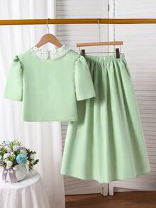 SHEIN 两件套青少年套装，优雅清新的绿色和白色刺绣领泡泡袖外套上衣搭配简约纯色长裙，适合日常、派对、休闲场合。 - 綠色 - 查看 2