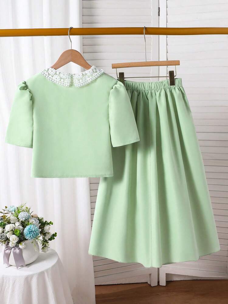 SHEIN رمضان مجموعة ملابس مراهقين، ملابس علوية ذات أكمام منتفخة مطرزة باللون الأخضر والأبيض الأنيق، وتنورة طويلة بلون أحادي بسيط، مناسبة للاستخدام اليومي والحفلات والمناسبات الكاجوال، قطعتان - أخضر - مشاهدة 2