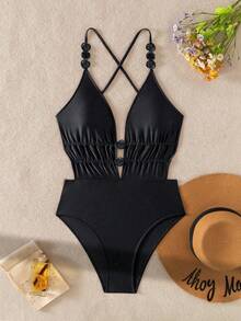 Swim Chiccia 1件装女士纯色吊带串珠装饰交叉后背系带前开式串珠连体泳衣 - 黑色 - 查看 4