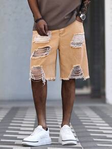 Manfinity Roughcore Men's Casual Washed Distressed Denim Shorts Ripped Shorts Men - Brown - View 3