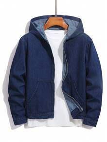 Manfinity Homme Men's Casual Washed Denim Hooded Jacket Jackets For Men Zip Up - Dark Wash - View 1