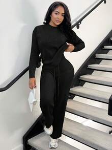 Alexandranx 2pcs/Set Solid Color Crew Neck Long Sleeve Sweater And Pants, Casual Knitwear Set Fall Winter Cloth For Women - Black - View 6
