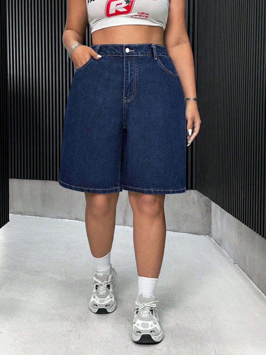 SHEIN ICON Quần short denim dáng suông màu trơn, cỡ lớn, có túi. - Rửa tối - Xem 1