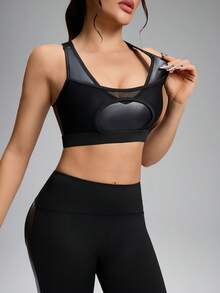 Innovista Women's Mesh Patchwork Letter Print Top And Leggings Activewear Set, Suitable For Daily Fitness, Outdoor Sports PU Mesh Set Black 2PCS Sports Bra & Leggings, Removable Pads, Breathable Mesh + Stretch PU Panels, High Waist Sculpting Compression, Back Waist Zipper Pocket | Gym HIIT Training Yoga Pilates Running | Gymtok Moto Athleisure - Black - View 6