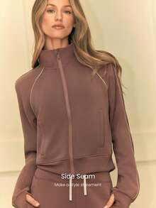 GLOWMODE SoftSerene Modal Contrast Piping Waist-Length Thumbholes Fitted Zip-Up Sweatshirt Daily Casual Wear Fall Winter