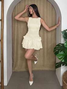 Andrea Bello Vestido corto con volantes color albaricoque - Albaricoque - Ver 4