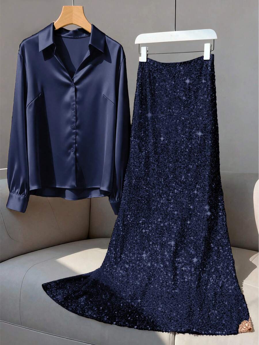 Franclia Bộ đồ 2 mảnh thanh lịch dành cho nữ cỡ lớn, gồm áo sơ mi dài tay cổ chữ V bằng satin và váy maxi ôm sát lấp lánh, thích hợp cho các dịp thường ngày, đi làm, du lịch, tiệc trà chiều, tiệc Giáng sinh. - Màu xanh hải quân - Xem 1