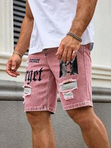 Manfinity LEGND Men's Fashionable Printed Casual Denim Shorts Men's Graphic Denim Shorts Men's Pink Jean Shorts - Pink - View 5