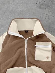 Claim Dot 男士时尚休闲针织卫衣，时尚拼接羊羔绒外套，拼接设计，舒适保暖面料，实用口袋，优雅拉链装饰，展现个性风格，适合时尚穿搭、日常休闲穿着、户外活动、休闲运动、节日礼物、男友礼物，男女皆宜 - 卡其色 - 查看 6